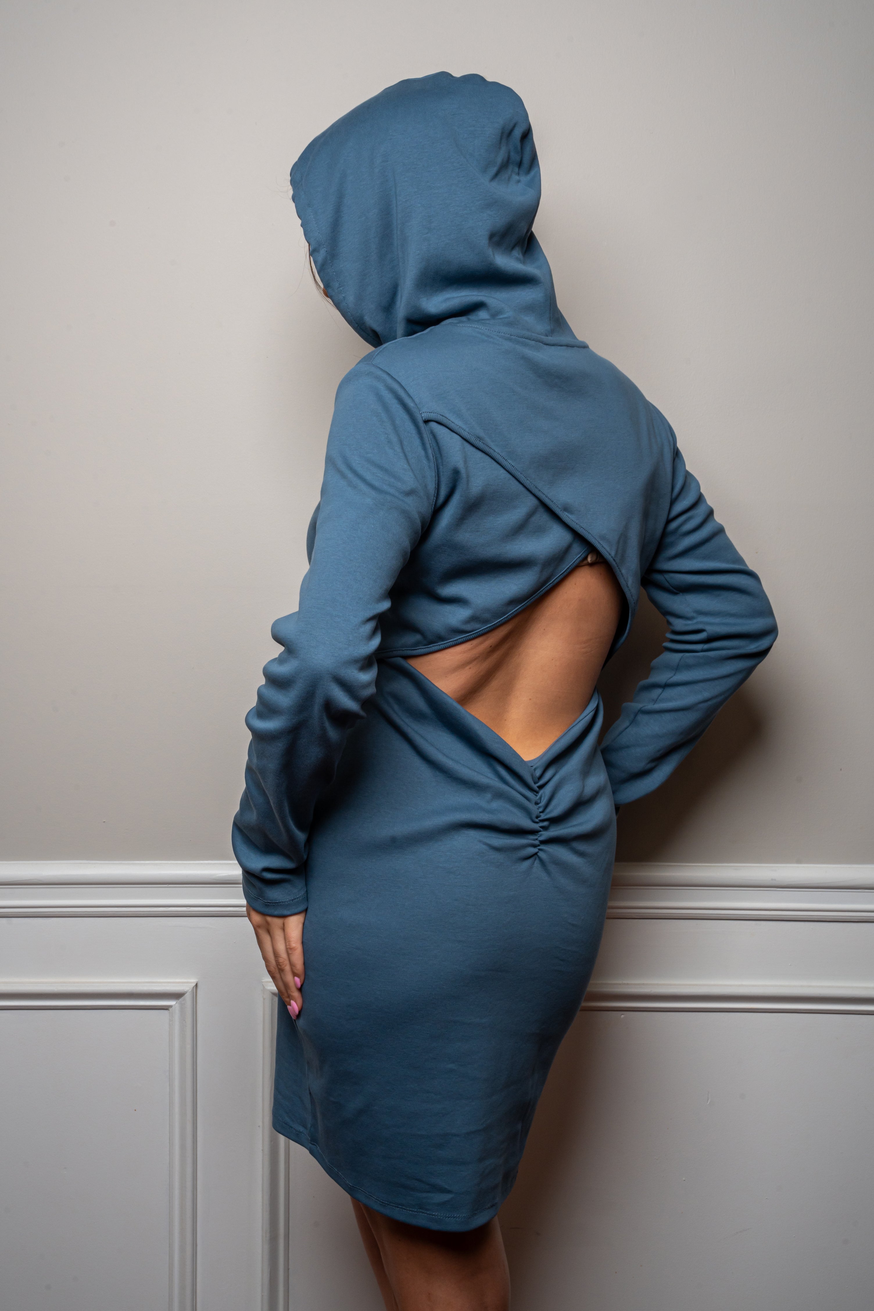 Pale Navy Blue Peekaboo Hoodie Dress