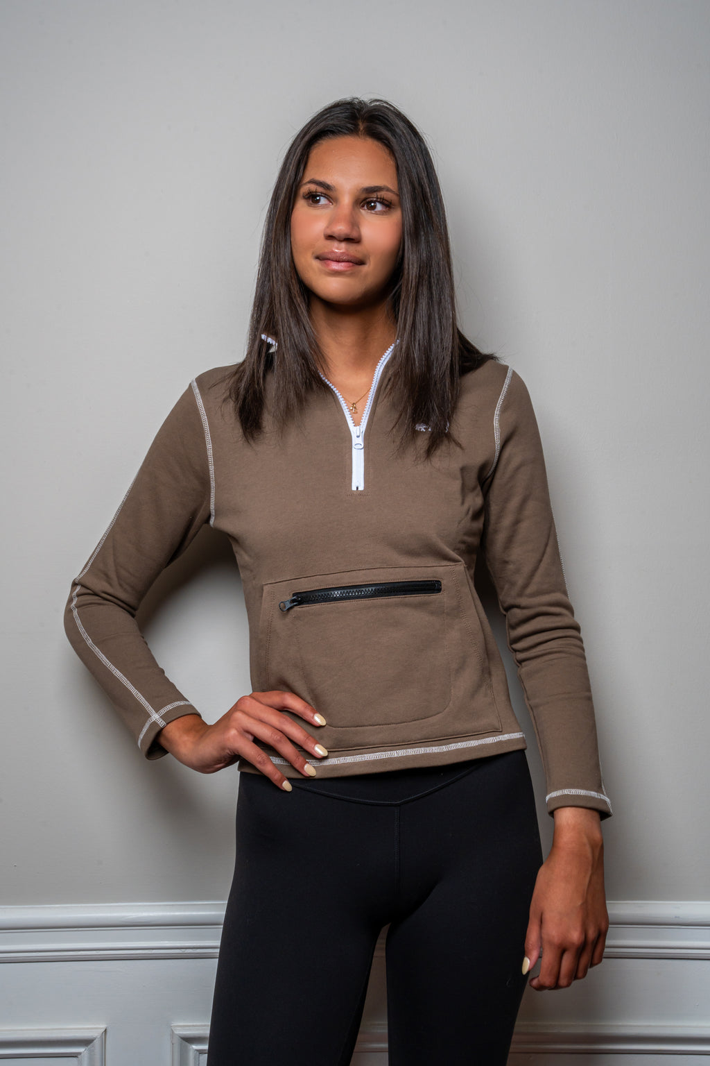Warm Taupe Standing Collar Quarter Zip Sweatshirt