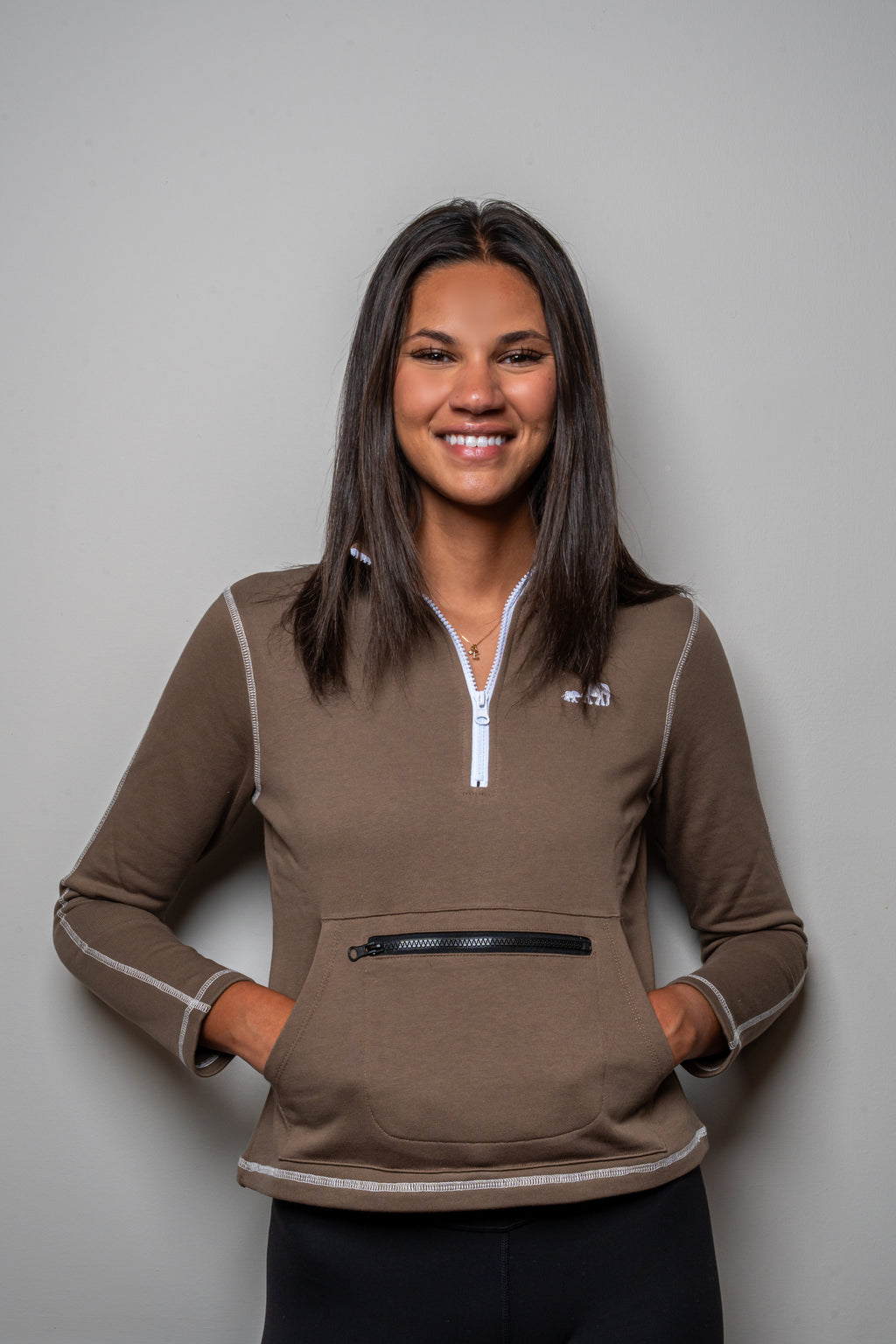 Warm Taupe Standing Collar Quarter Zip Sweatshirt