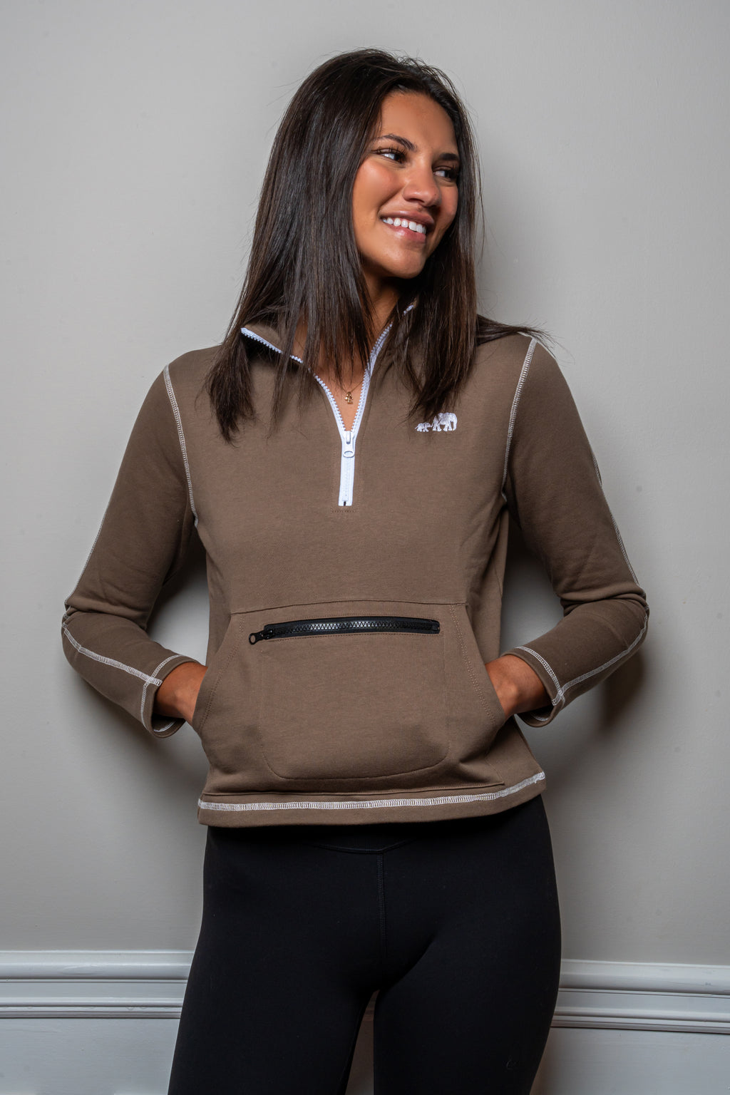 Warm Taupe Standing Collar Quarter Zip Sweatshirt