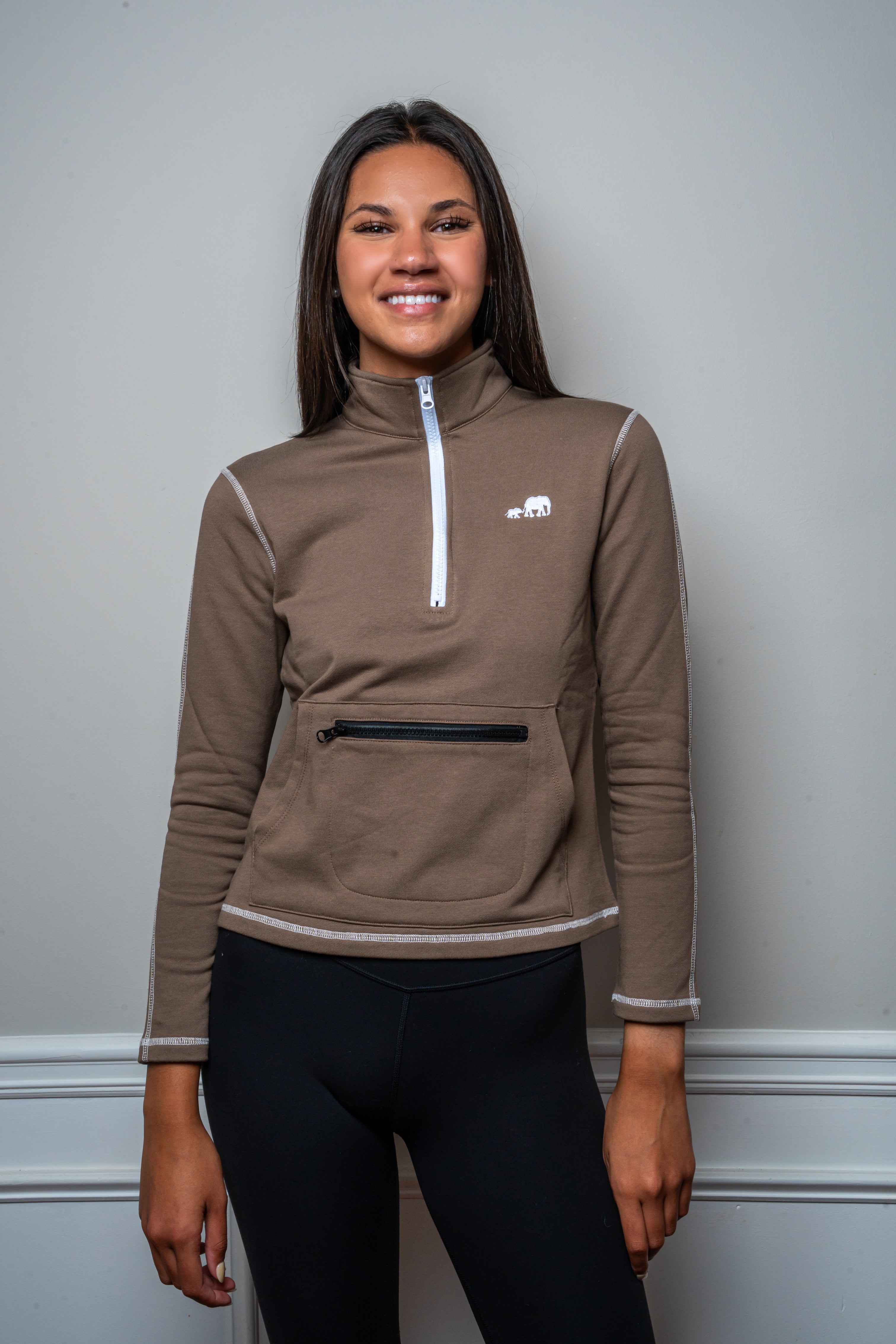 Warm Taupe Standing Collar Quarter Zip Sweatshirt