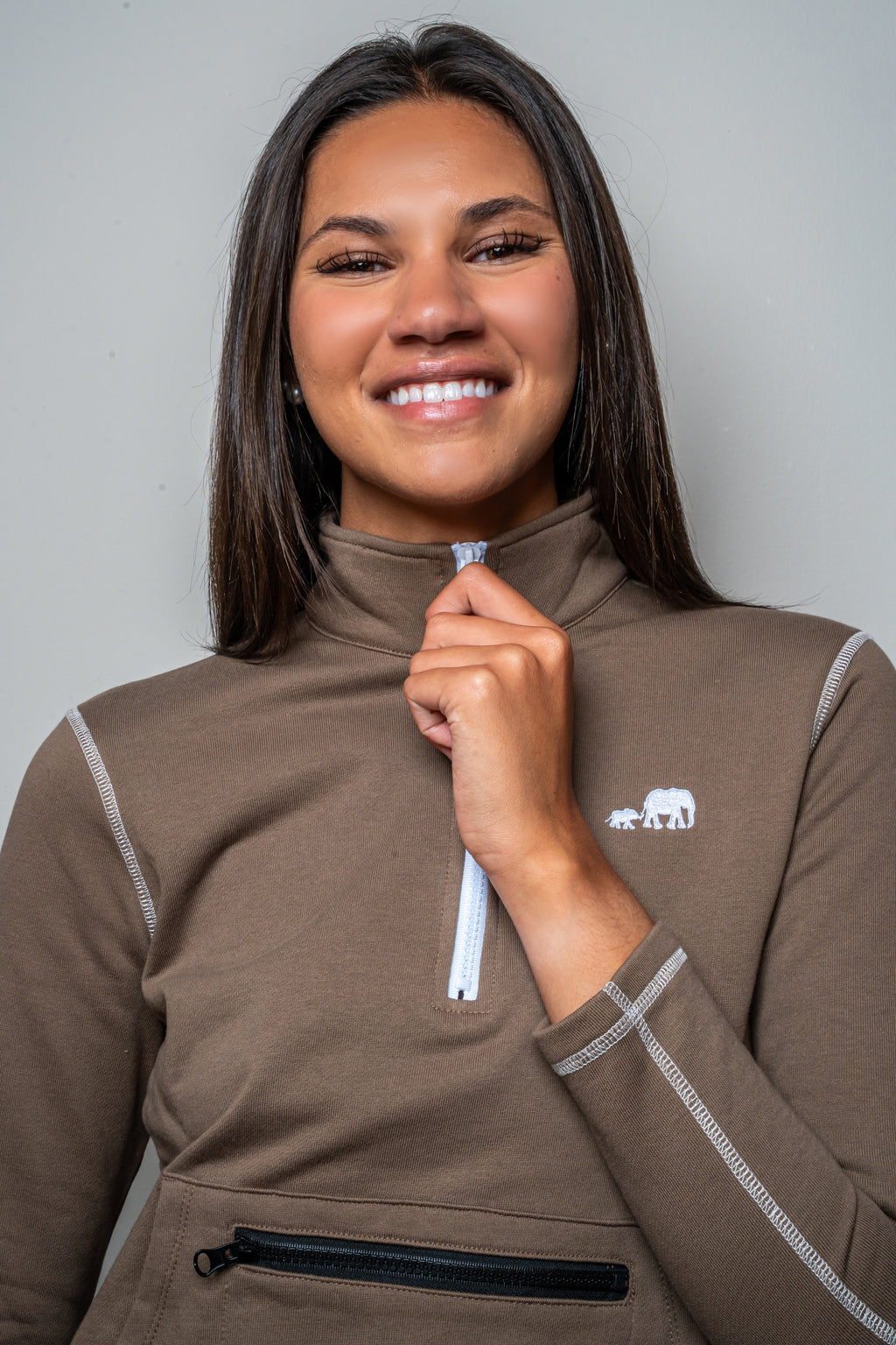 Warm Taupe Standing Collar Quarter Zip Sweatshirt