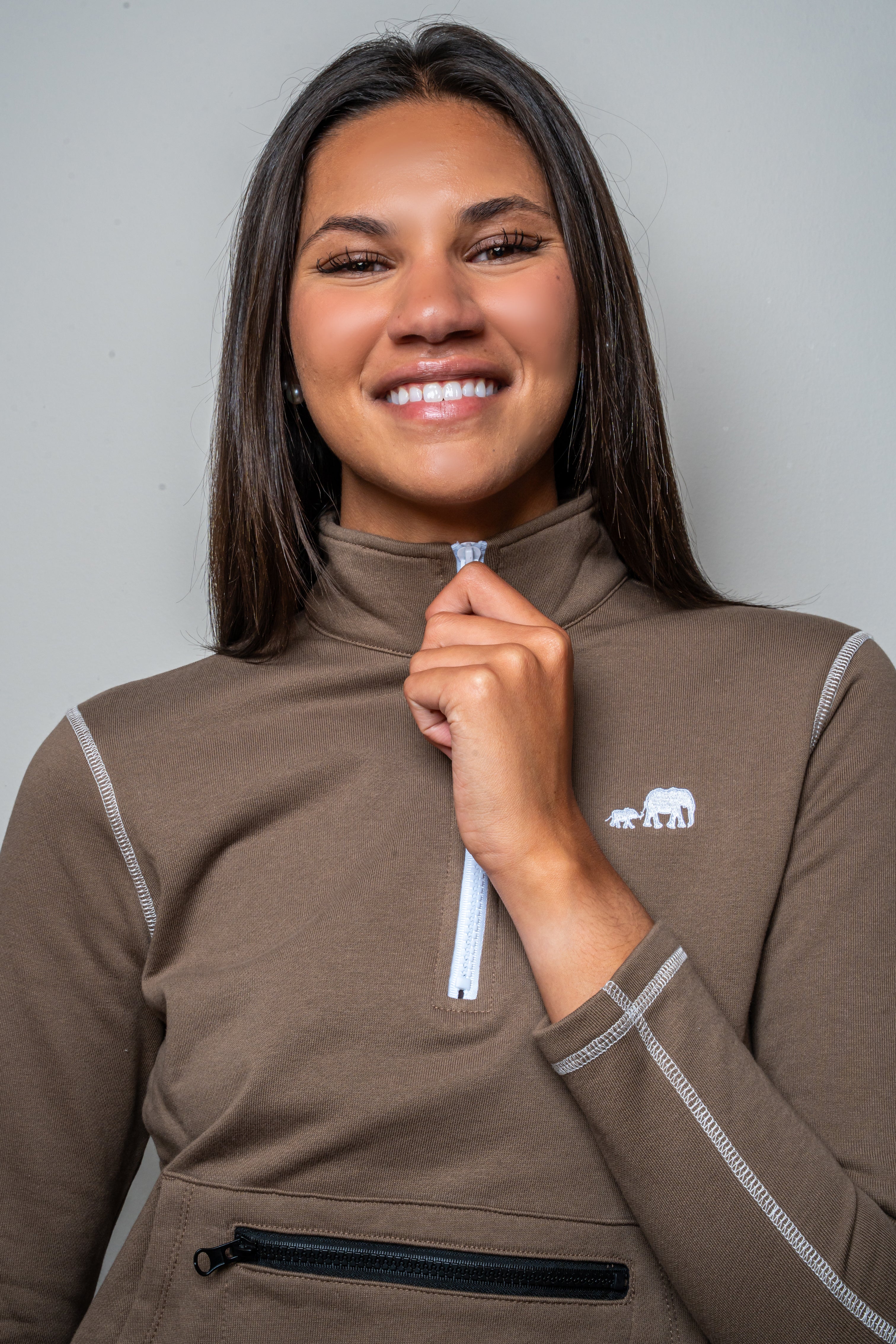 Warm Taupe Standing Collar Quarter Zip Sweatshirt