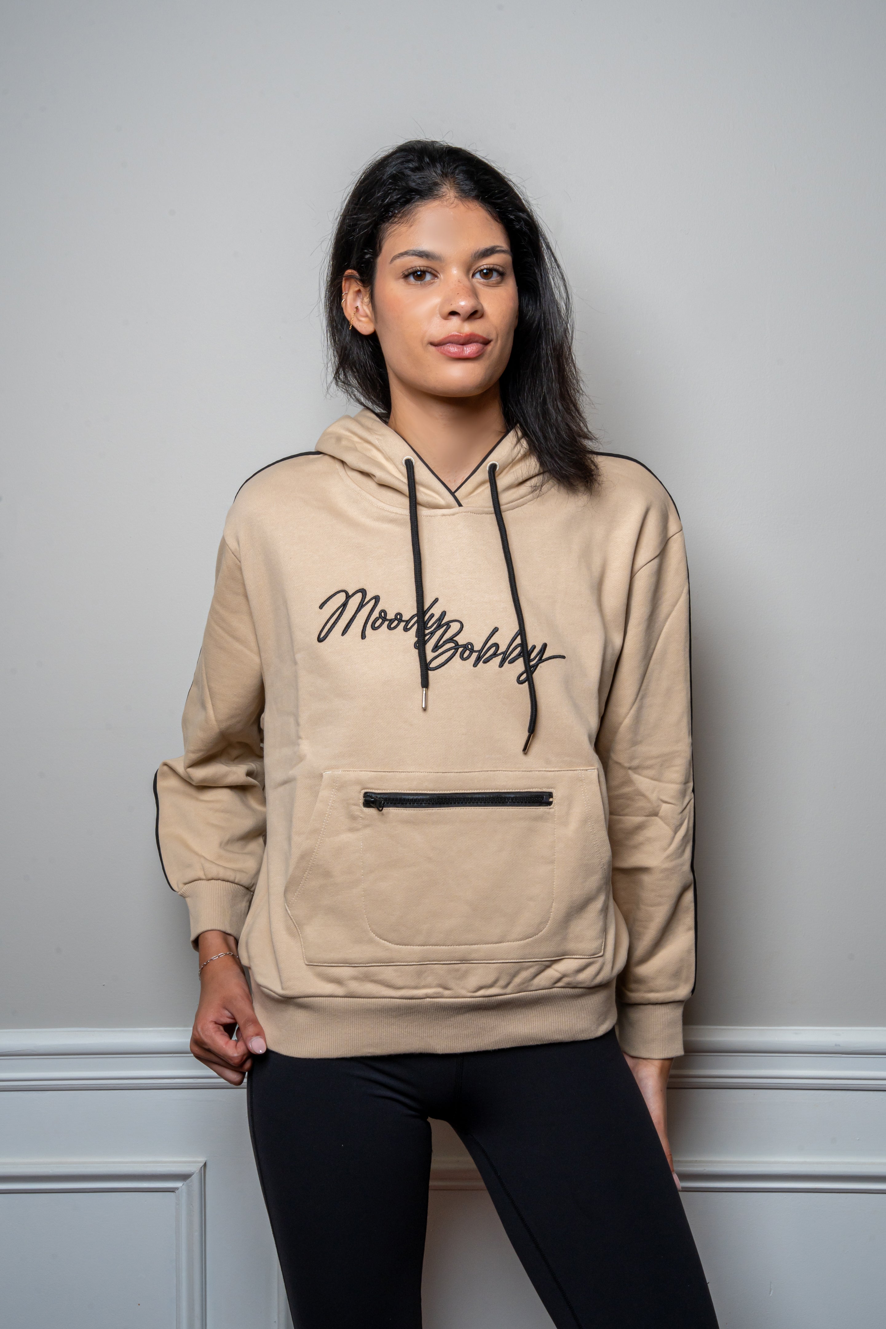 Warm Cream Signature Black Trim Hoodie