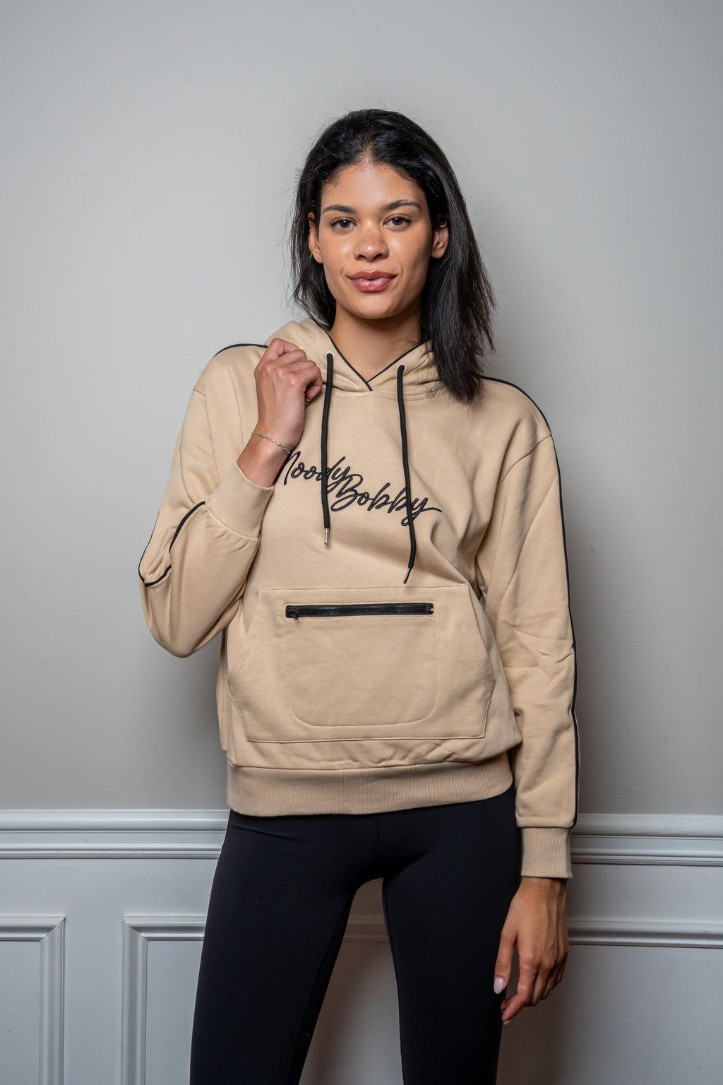 Warm Cream Signature Black Trim Hoodie