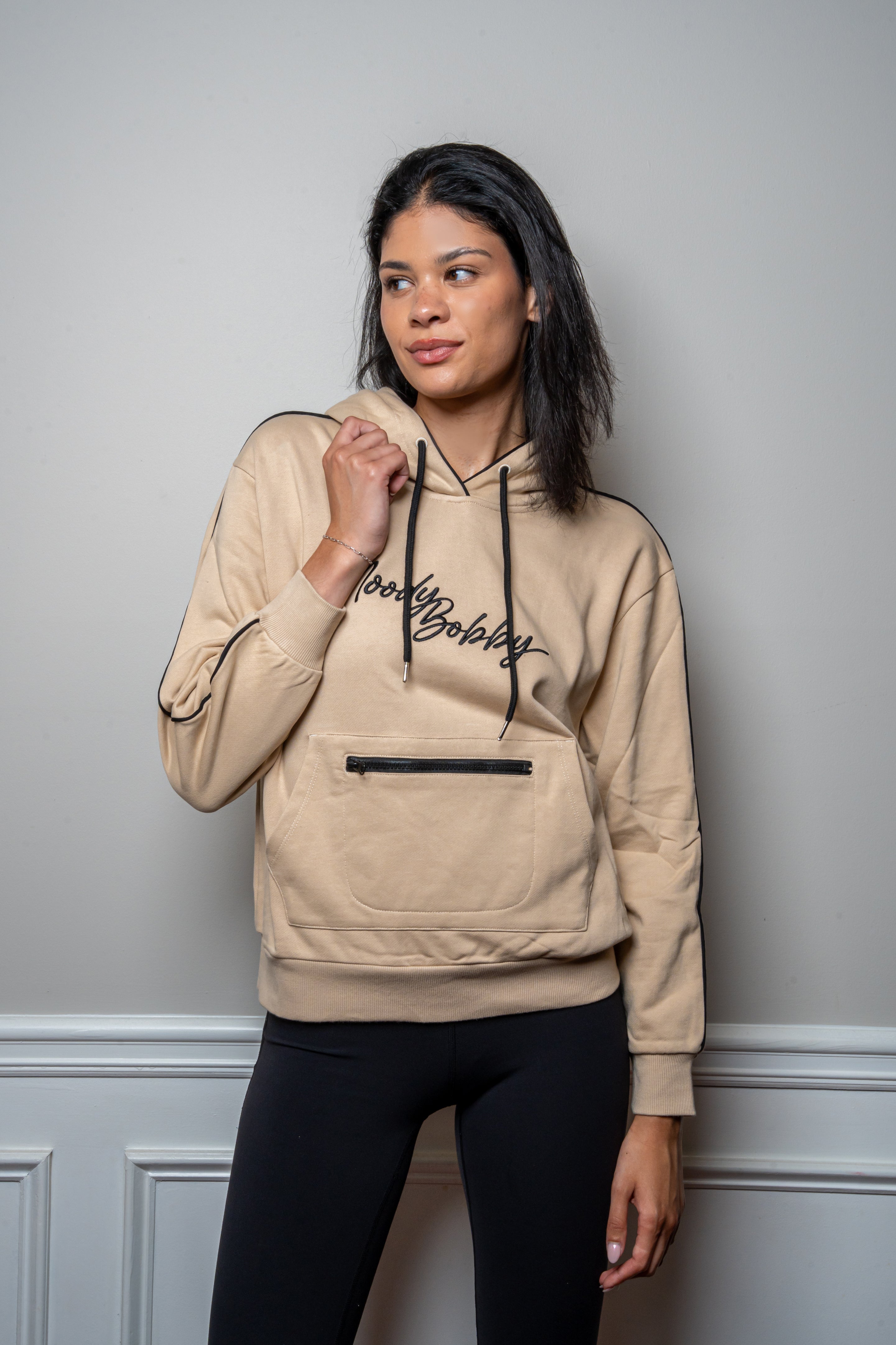 Warm Cream Signature Black Trim Hoodie
