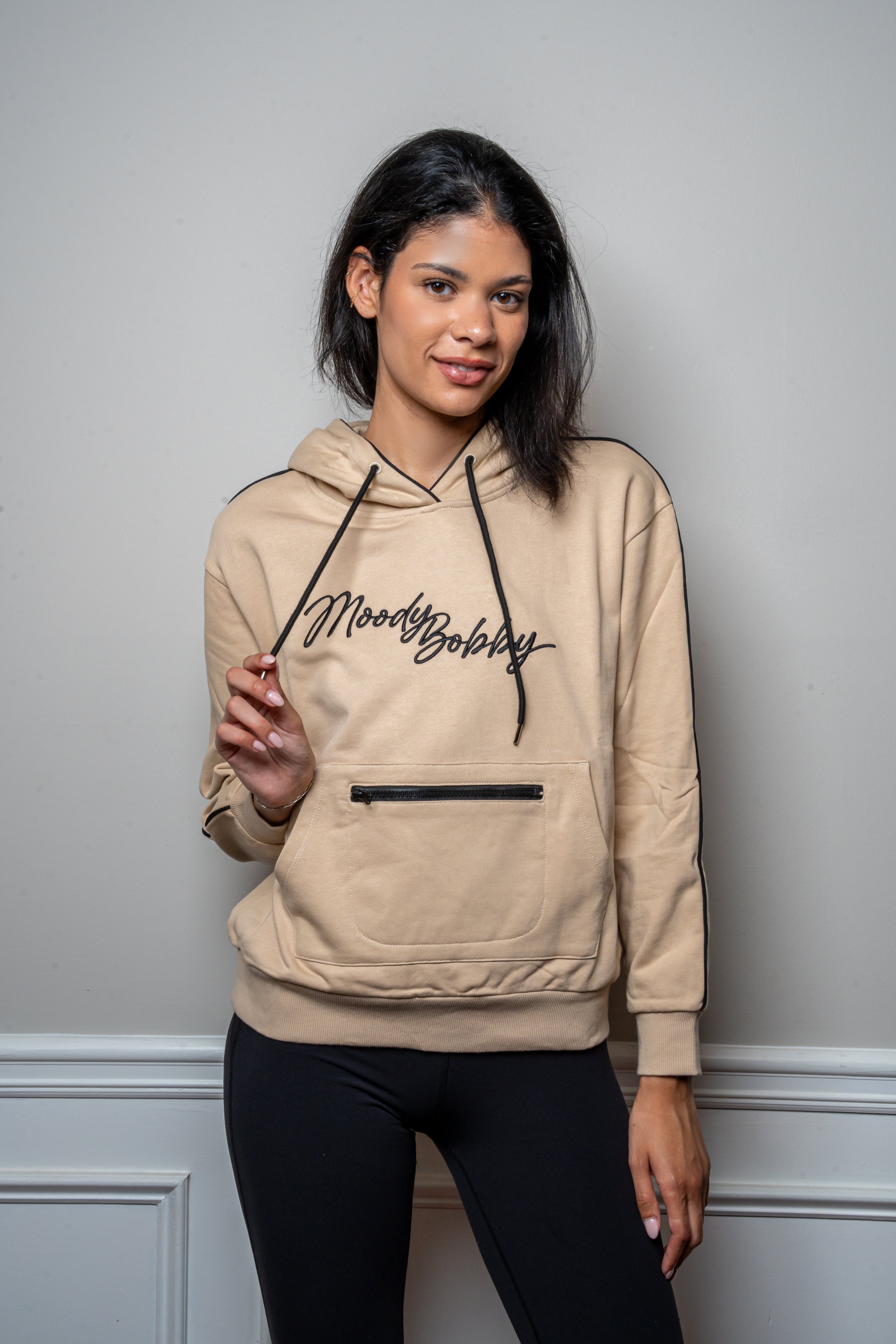 Warm Cream Signature Black Trim Hoodie