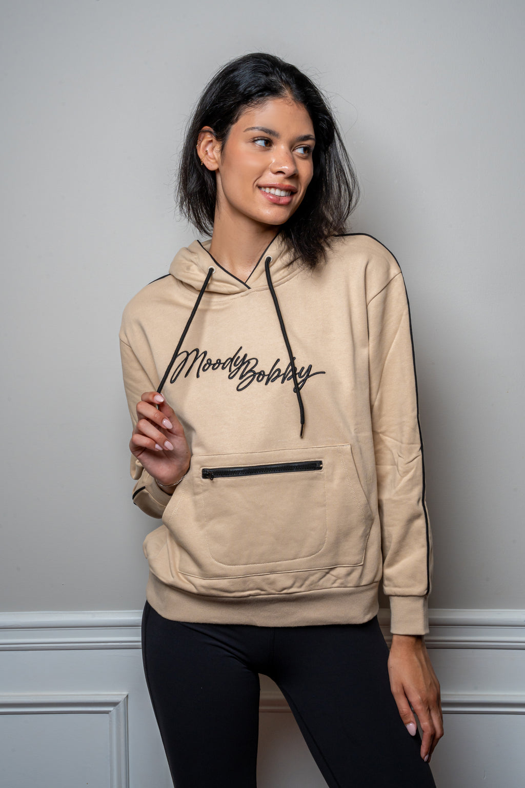 Warm Cream Signature Black Trim Hoodie