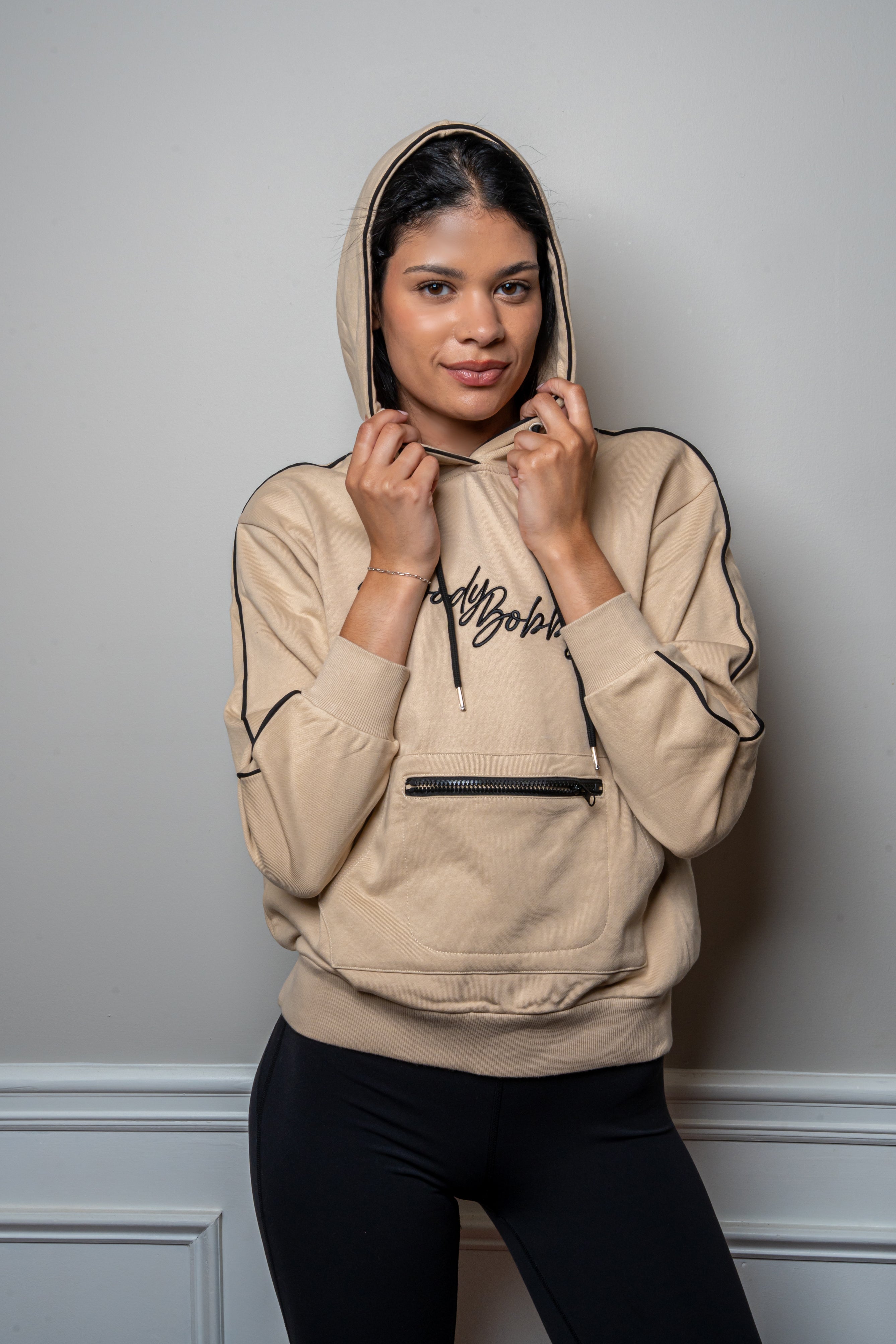 Warm Cream Signature Black Trim Hoodie