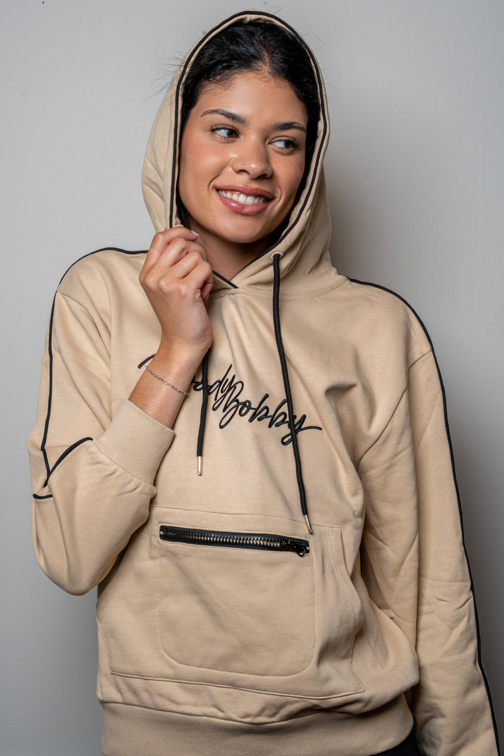 Warm Cream Signature Black Trim Hoodie