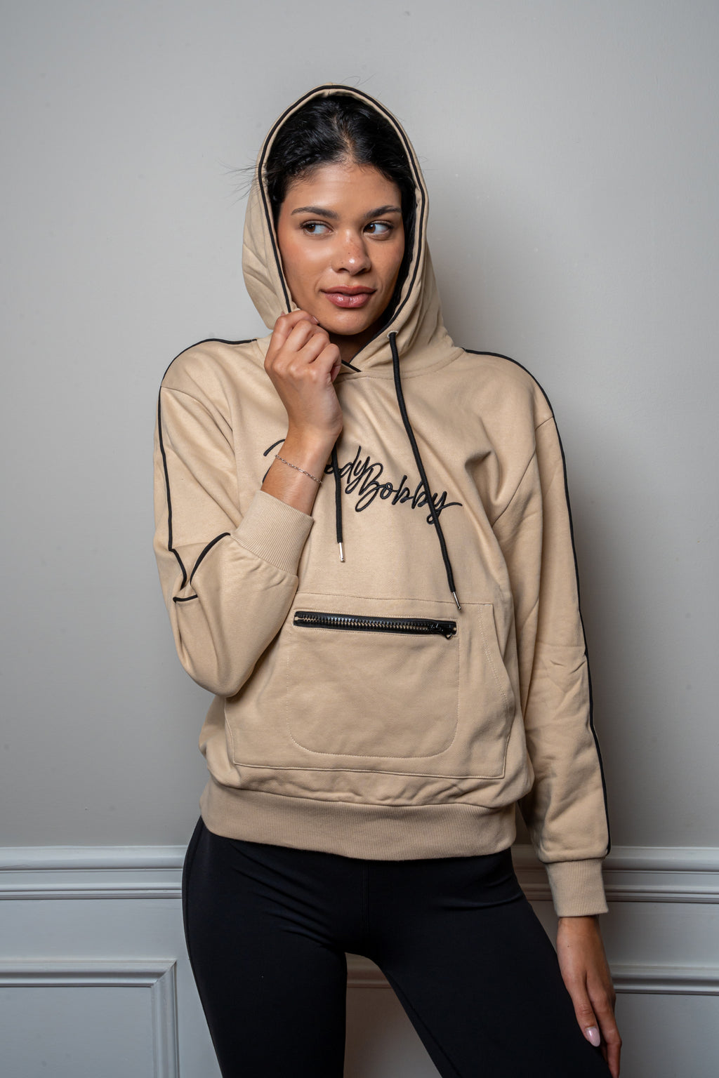 Warm Cream Signature Black Trim Hoodie