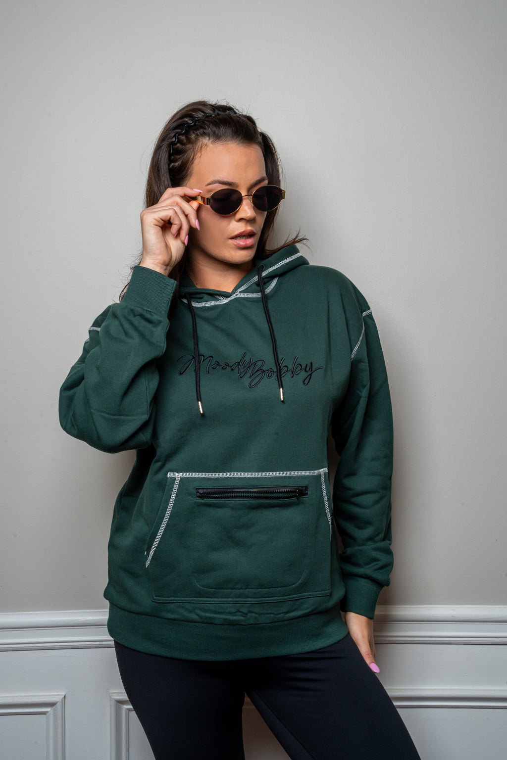 Deep Green Signature Contrast Stitch Hoodie
