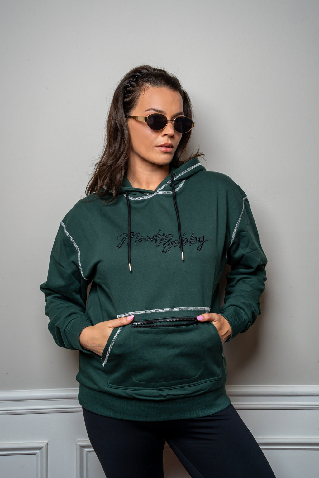 Deep Green Signature Contrast Stitch Hoodie