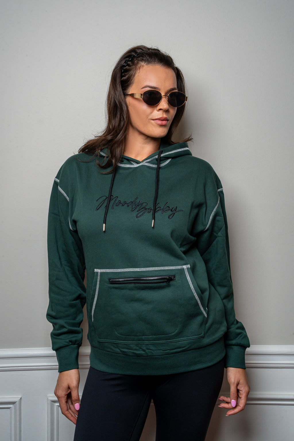 Deep Green Signature Contrast Stitch Hoodie