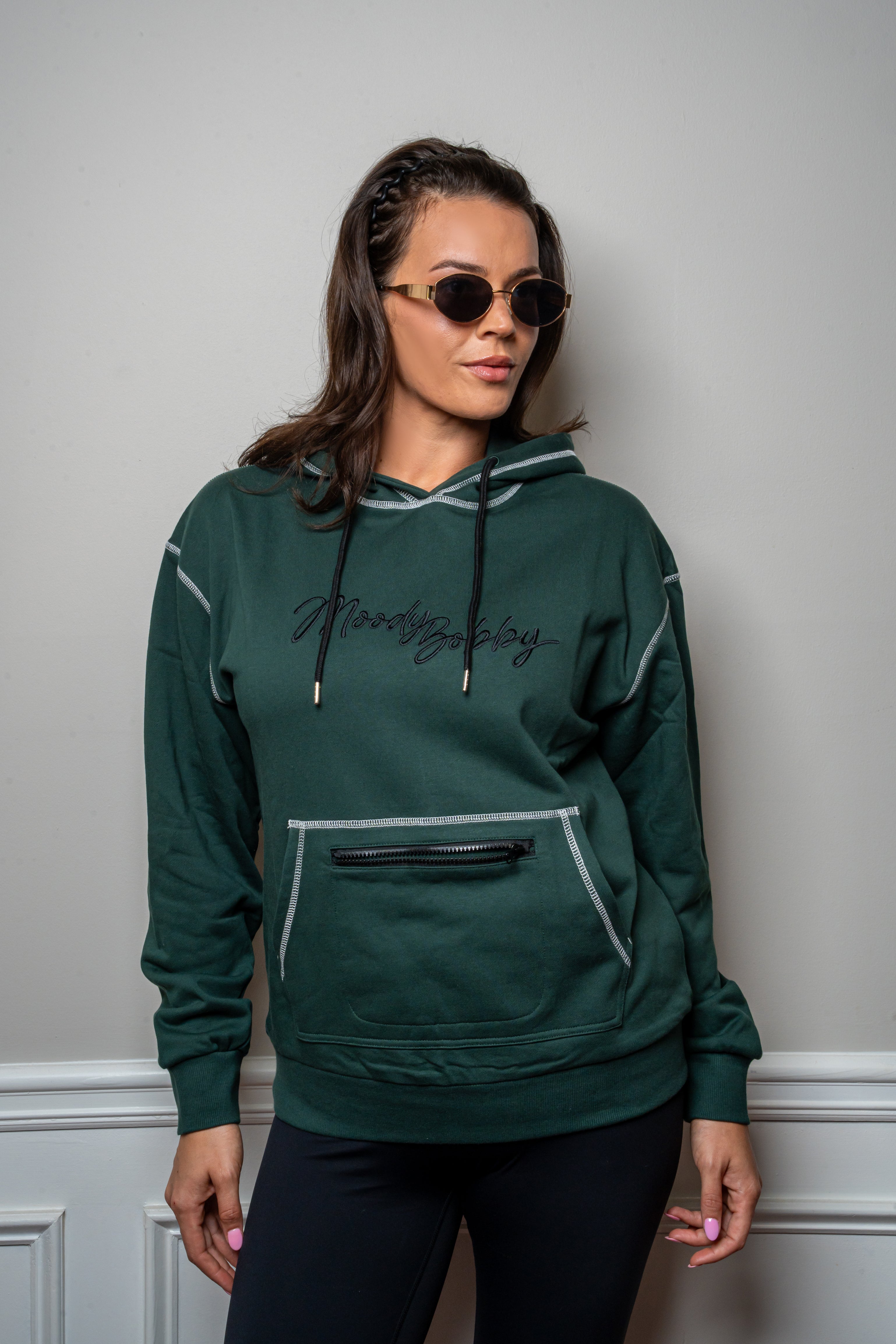 Deep Green Signature Contrast Stitch Hoodie