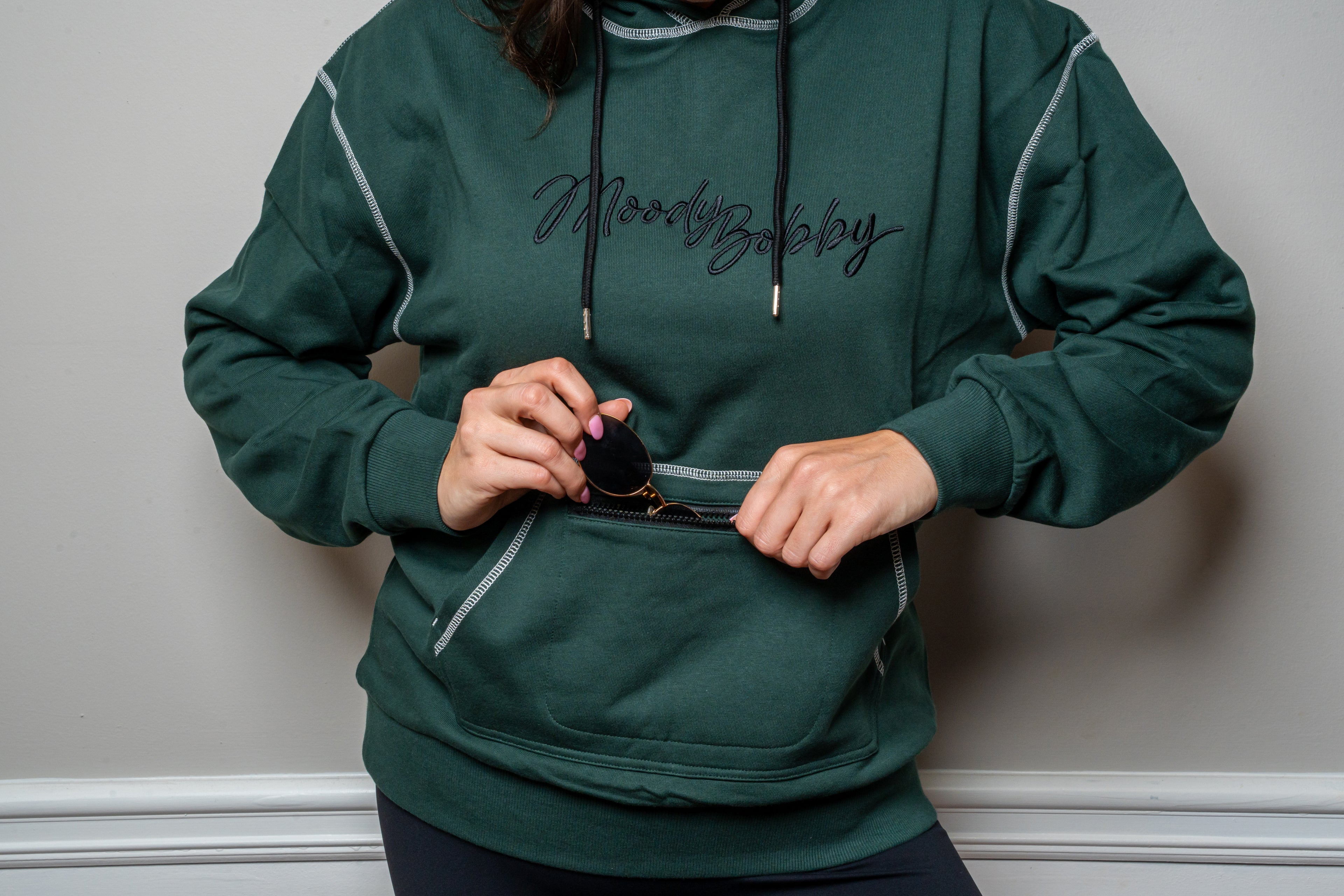 Deep Green Signature Contrast Stitch Hoodie