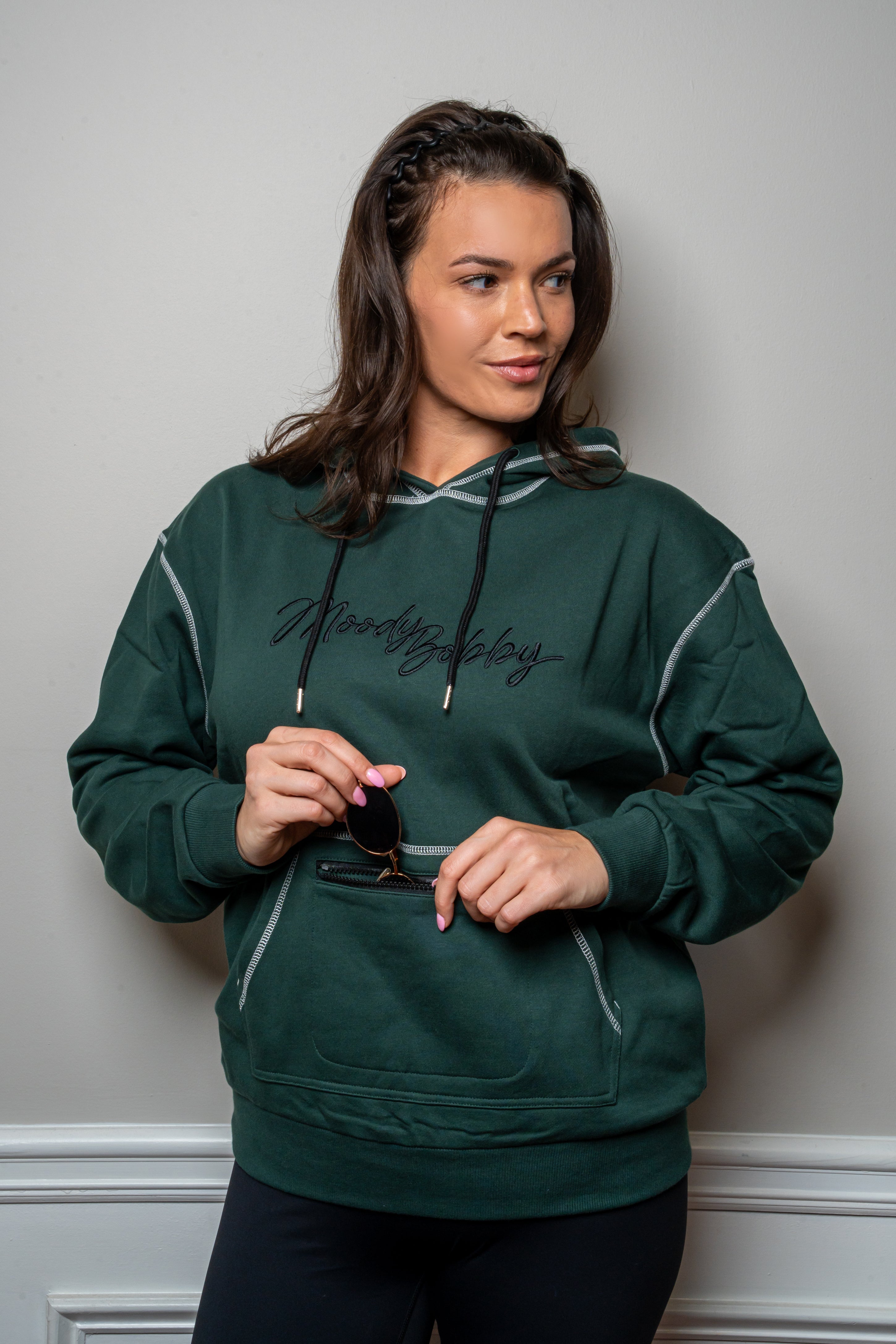Deep Green Signature Contrast Stitch Hoodie