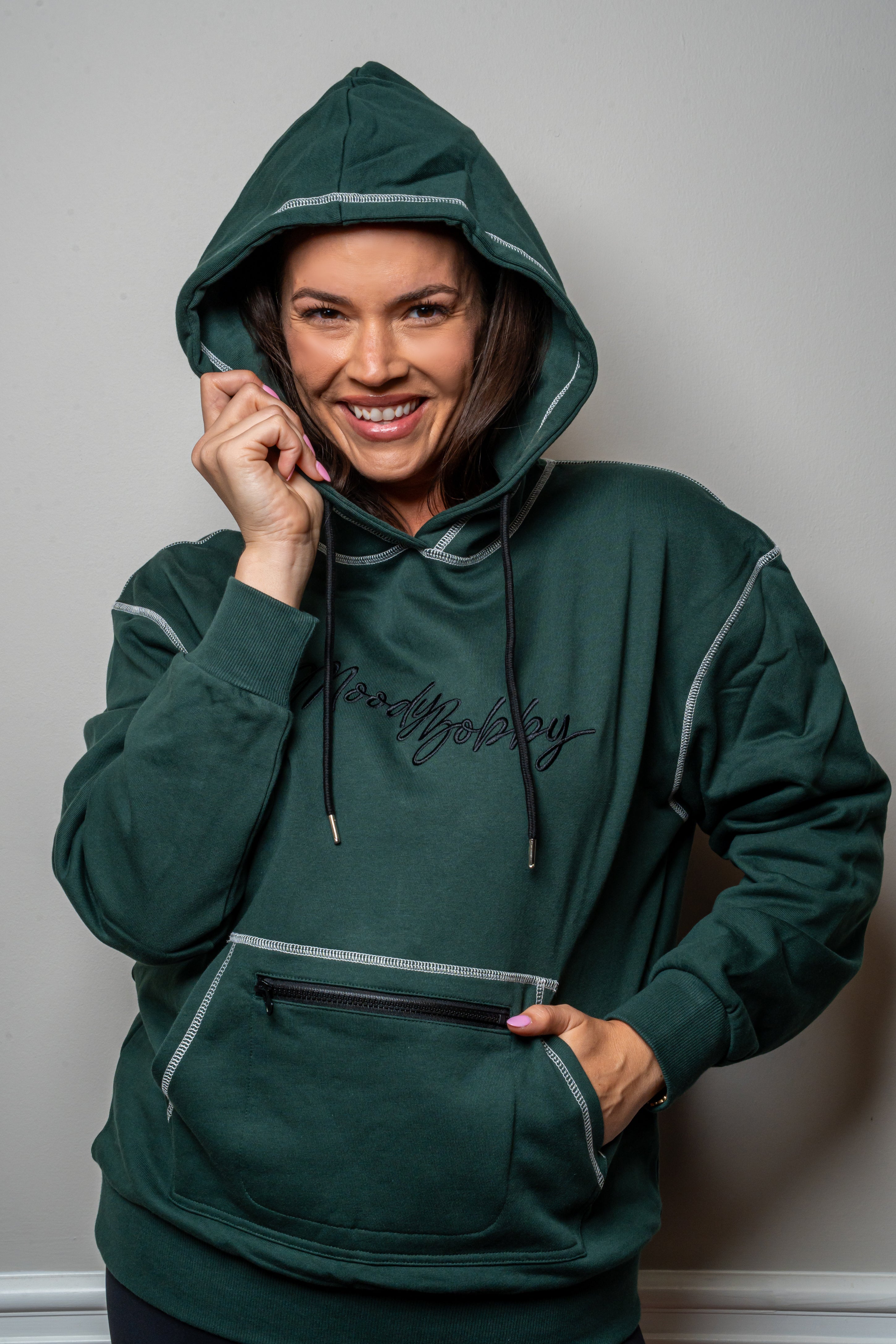 Deep Green Signature Contrast Stitch Hoodie