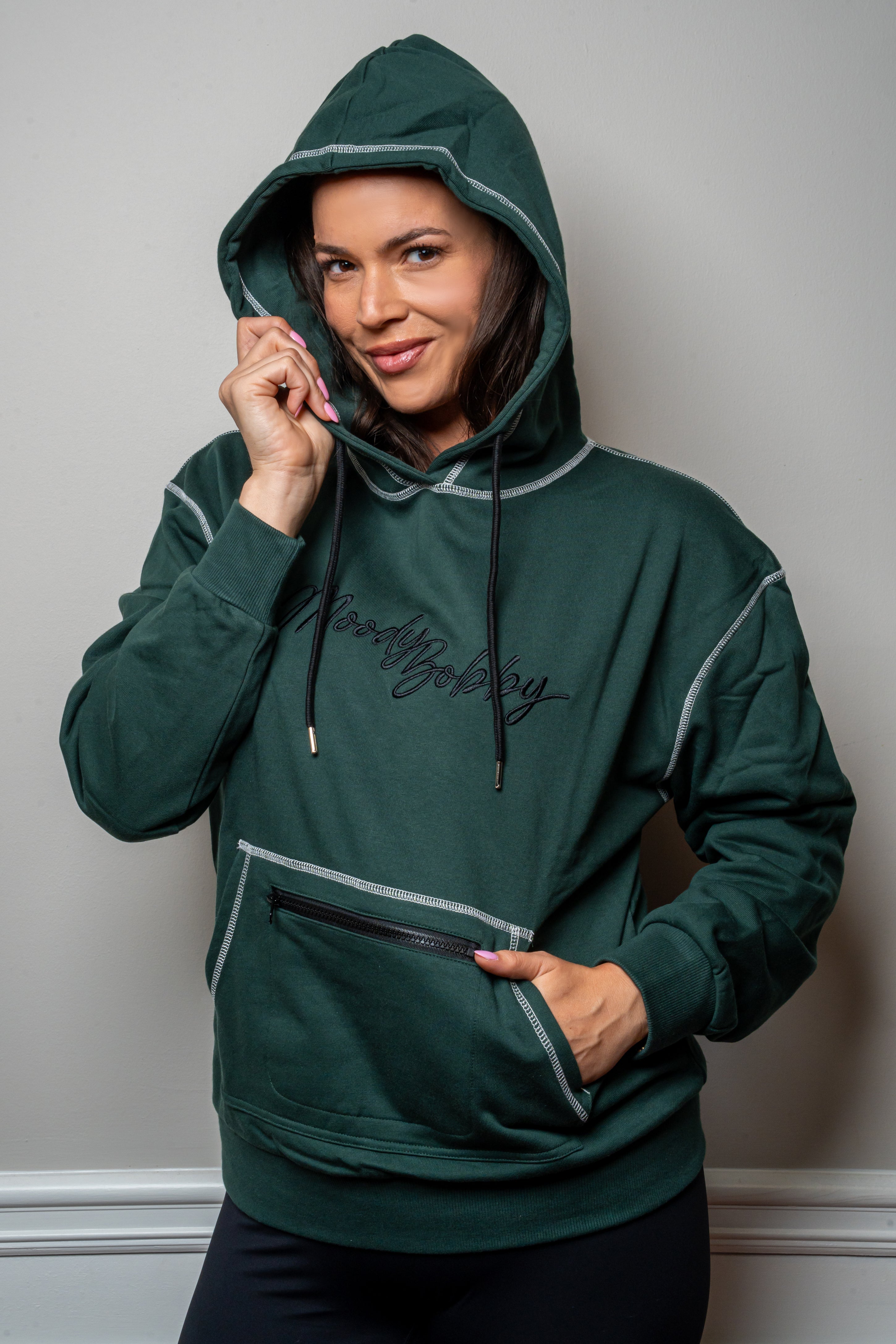 Deep Green Signature Contrast Stitch Hoodie